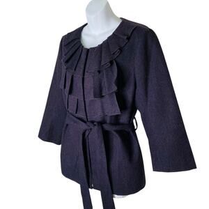 Ann Taylor Loft Jacket Women 12 Plum Wool Blend Ruffle Pleated Neck Belted Lined